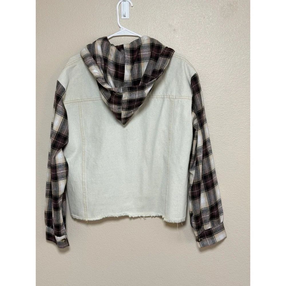 Blue Buttercup Mixed Media Denim Plaid Jacket Cream Brown Hooded J70262 Medium